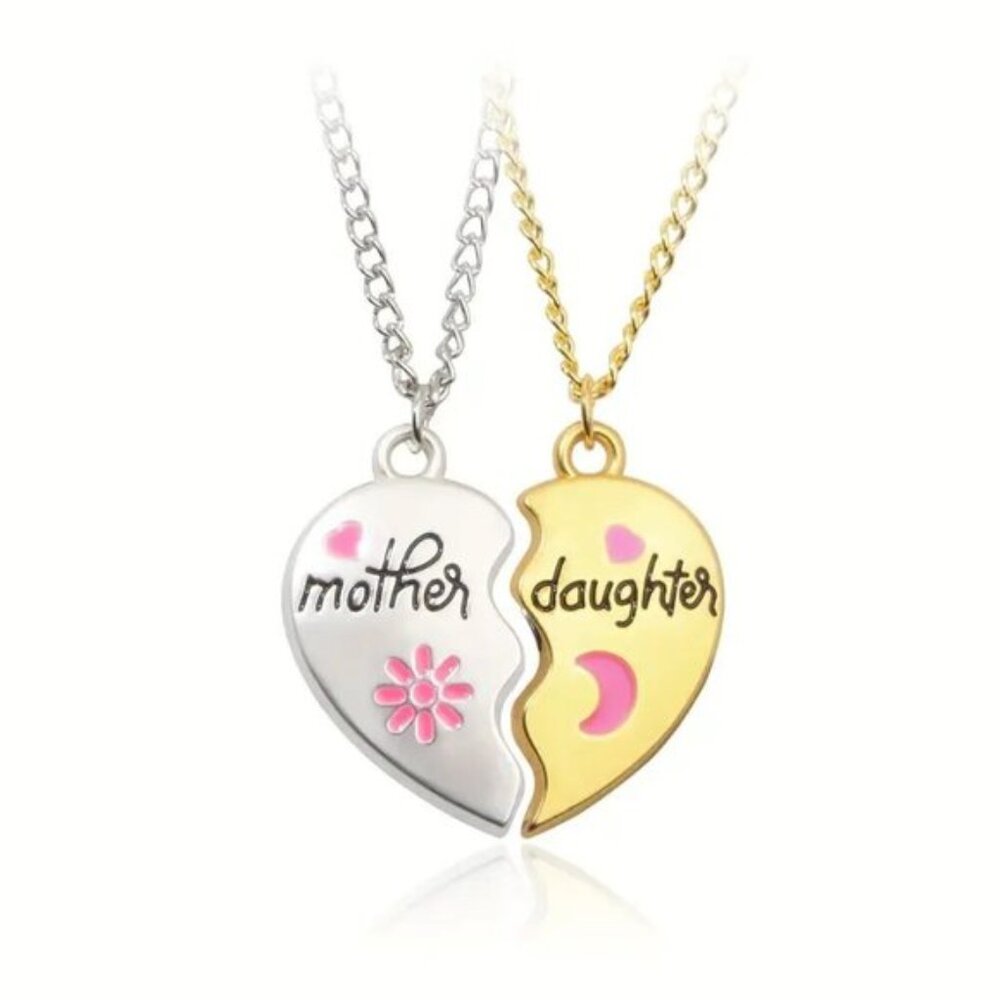 Mother Daughter Heart Necklace Set Gold Silver Pendant Jewelry Gift Chain